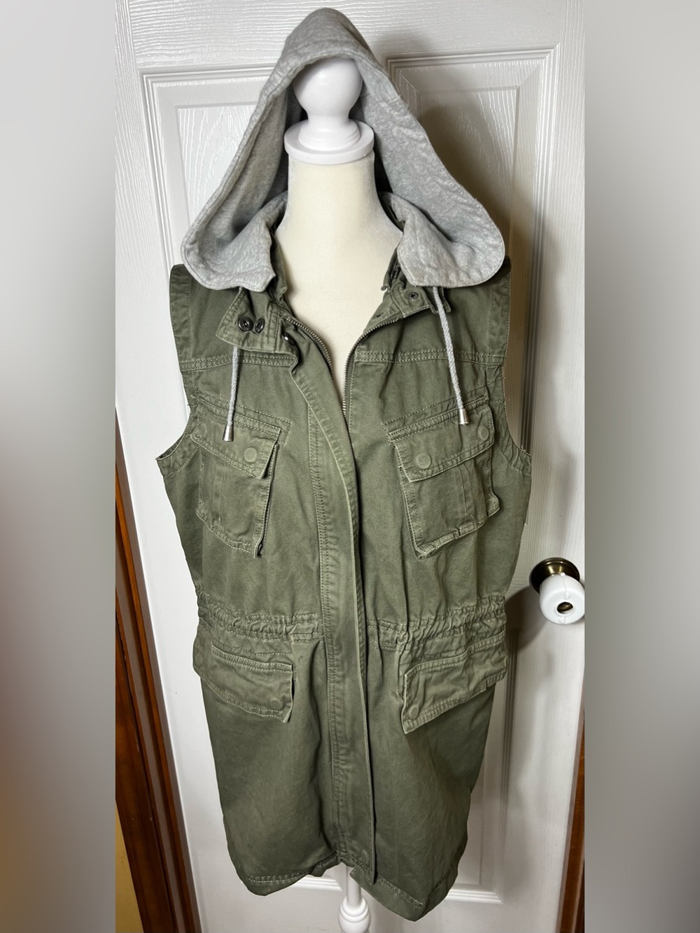 Cargo Vest Military Vest Hoodie Removable Hood Lightweight Green Oversized S